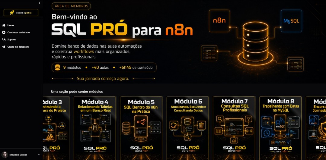 Tela da área de membros do SQL Pro para n8n com os módulos do treinamento organizados em sequência